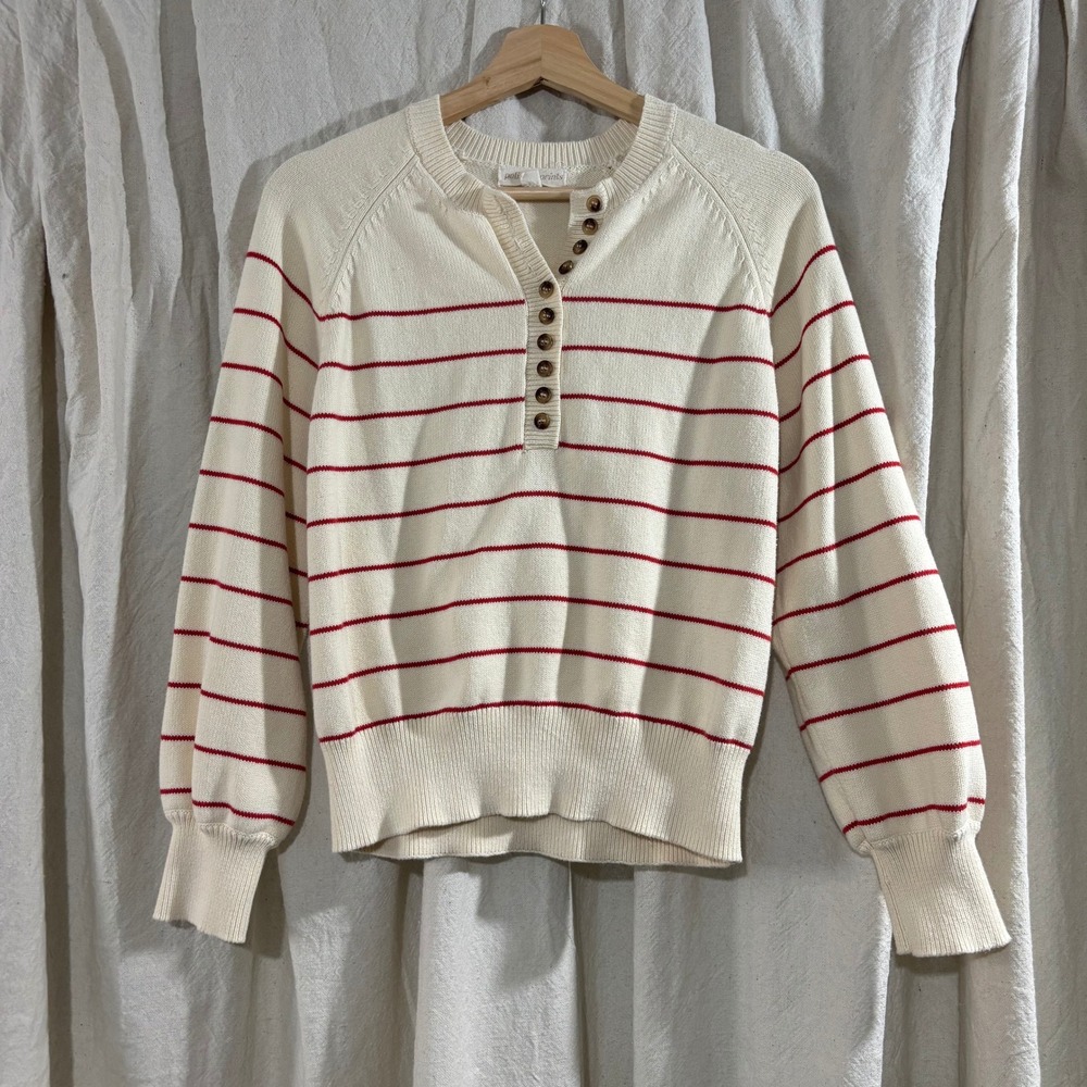 Polished Prints Cream Red Striped Cotton Henley Sweater Womens Small Raglan